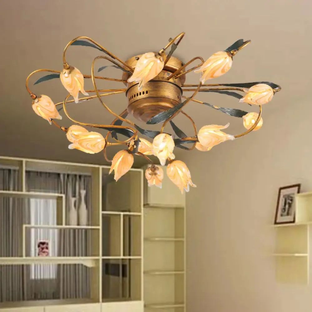 American Garden Bedroom Ceiling Light with 8/15 LED Heads and Frosted Glass in Brass Finish