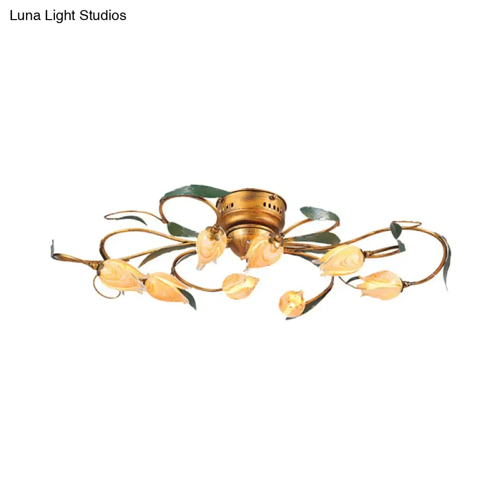 American Garden Bedroom Ceiling Light with 8/15 LED Heads and Frosted Glass in Brass Finish