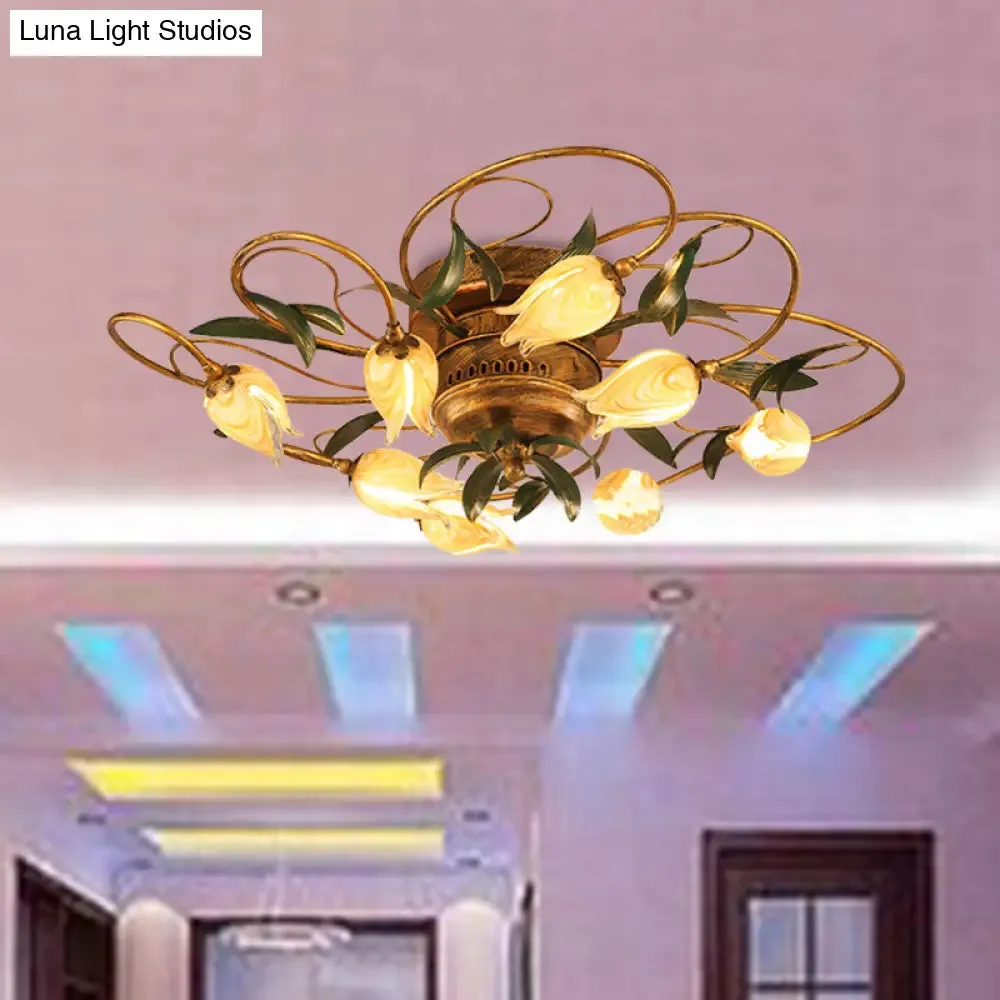 American Garden Bedroom Ceiling Light with 8/15 LED Heads and Frosted Glass in Brass Finish