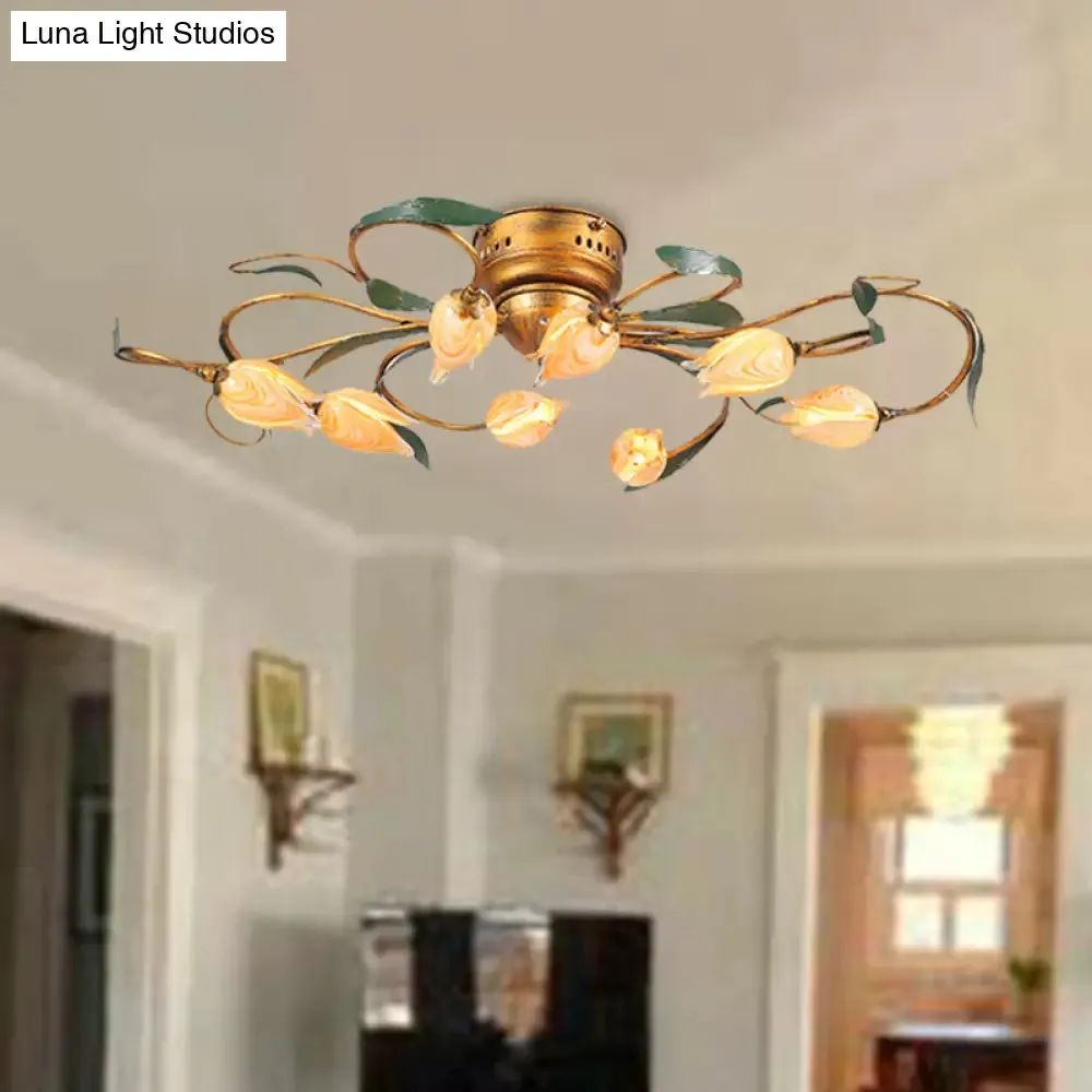 American Garden Bedroom Ceiling Light with 8/15 LED Heads and Frosted Glass in Brass Finish