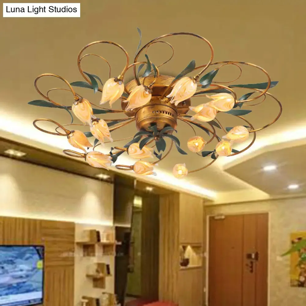 American Garden Bedroom Ceiling Light with 8/15 LED Heads and Frosted Glass in Brass Finish