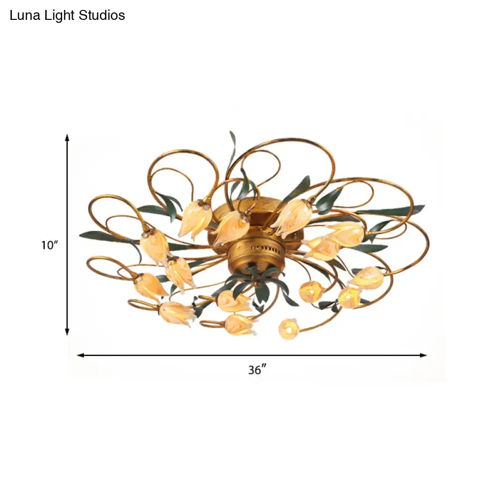 American Garden Bedroom Ceiling Light with 8/15 LED Heads and Frosted Glass in Brass Finish