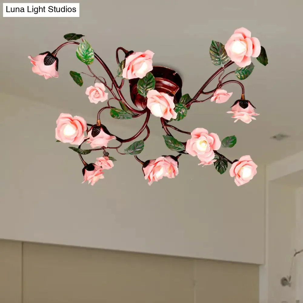 American Garden Metal Semi Flush Mount with 12 LED Lights in Dark Brown for Rose Bedroom Ceiling