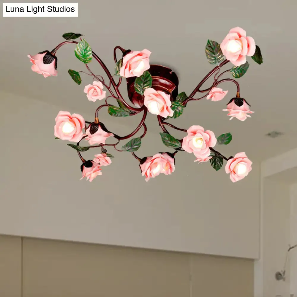 American Garden Metal Semi Flush Mount with 12 LED Lights in Dark Brown for Rose Bedroom Ceiling