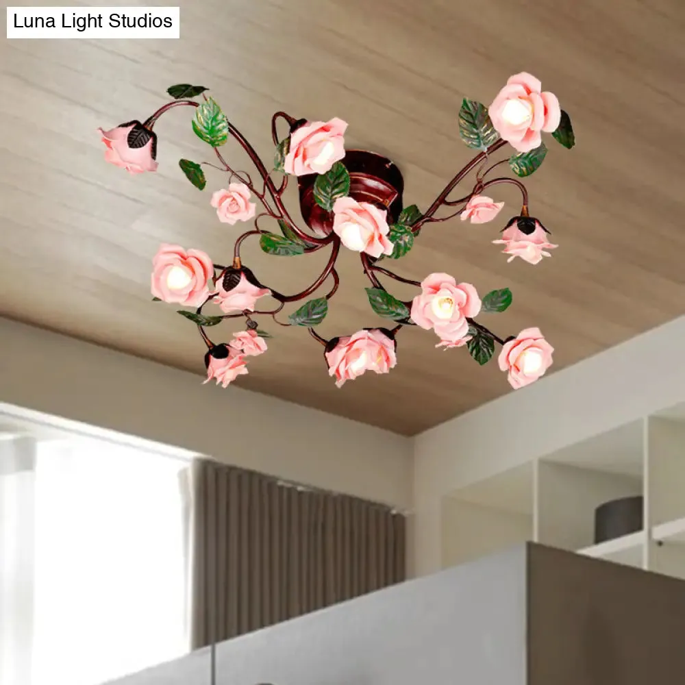 American Garden Metal Semi Flush Mount with 12 LED Lights in Dark Brown for Rose Bedroom Ceiling