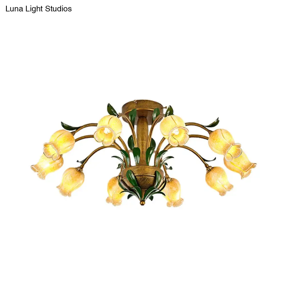 American Garden Metal Tulip LED Semi Flush Ceiling Light Fixture with Brass Finish - Ideal for Living Room (6/8/10-Bulb Option)