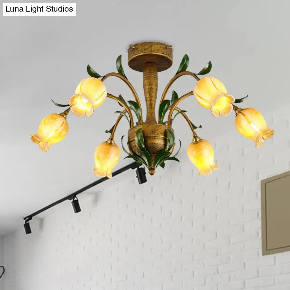American Garden Metal Tulip LED Semi Flush Ceiling Light Fixture with Brass Finish - Ideal for Living Room (6/8/10-Bulb Option)