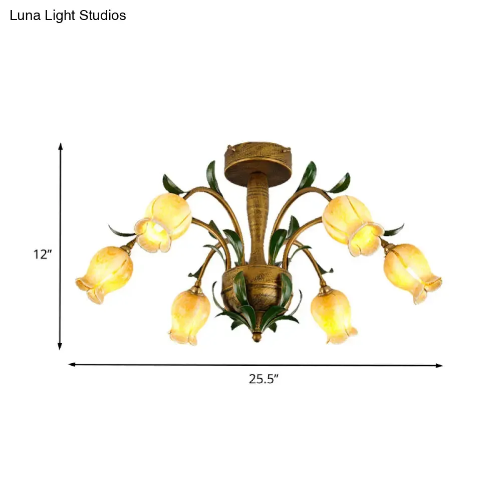 American Garden Metal Tulip LED Semi Flush Ceiling Light Fixture with Brass Finish - Ideal for Living Room (6/8/10-Bulb Option)