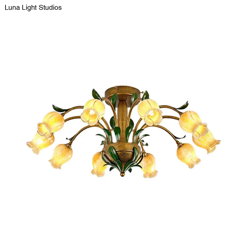 American Garden Metal Tulip LED Semi Flush Ceiling Light Fixture with Brass Finish - Ideal for Living Room (6/8/10-Bulb Option)