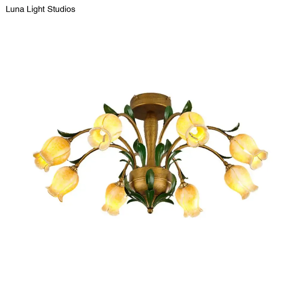 American Garden Metal Tulip LED Semi Flush Ceiling Light Fixture with Brass Finish - Ideal for Living Room (6/8/10-Bulb Option)