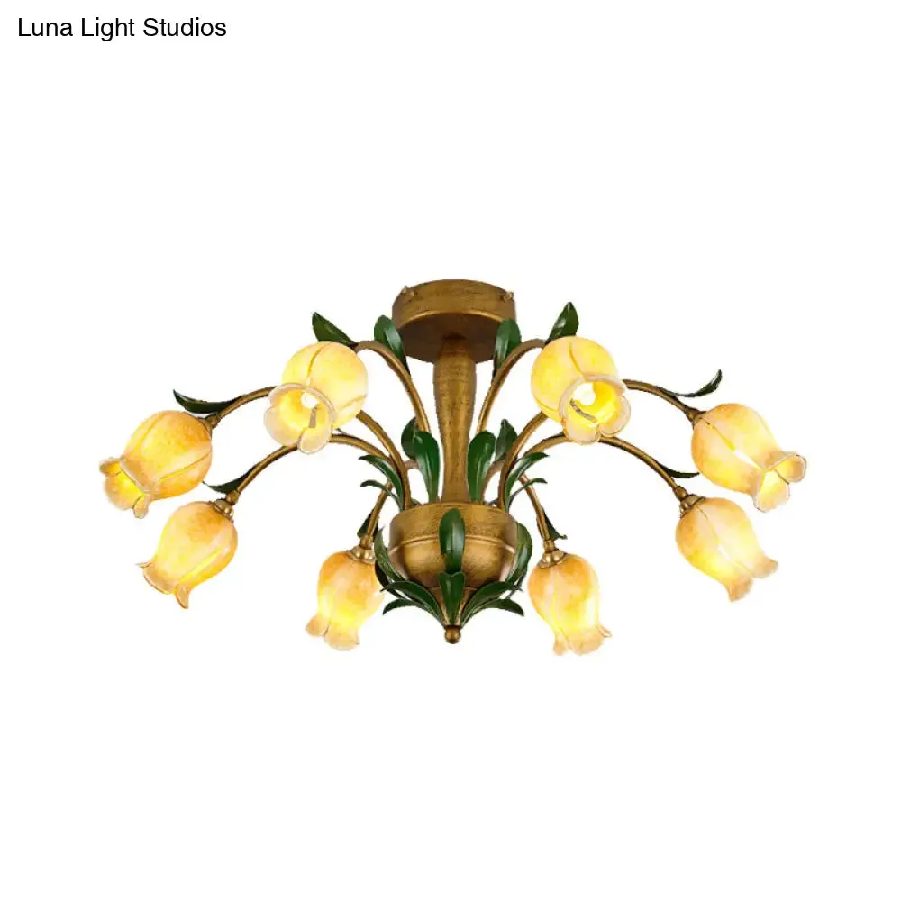American Garden Metal Tulip LED Semi Flush Ceiling Light Fixture with Brass Finish - Ideal for Living Room (6/8/10-Bulb Option)