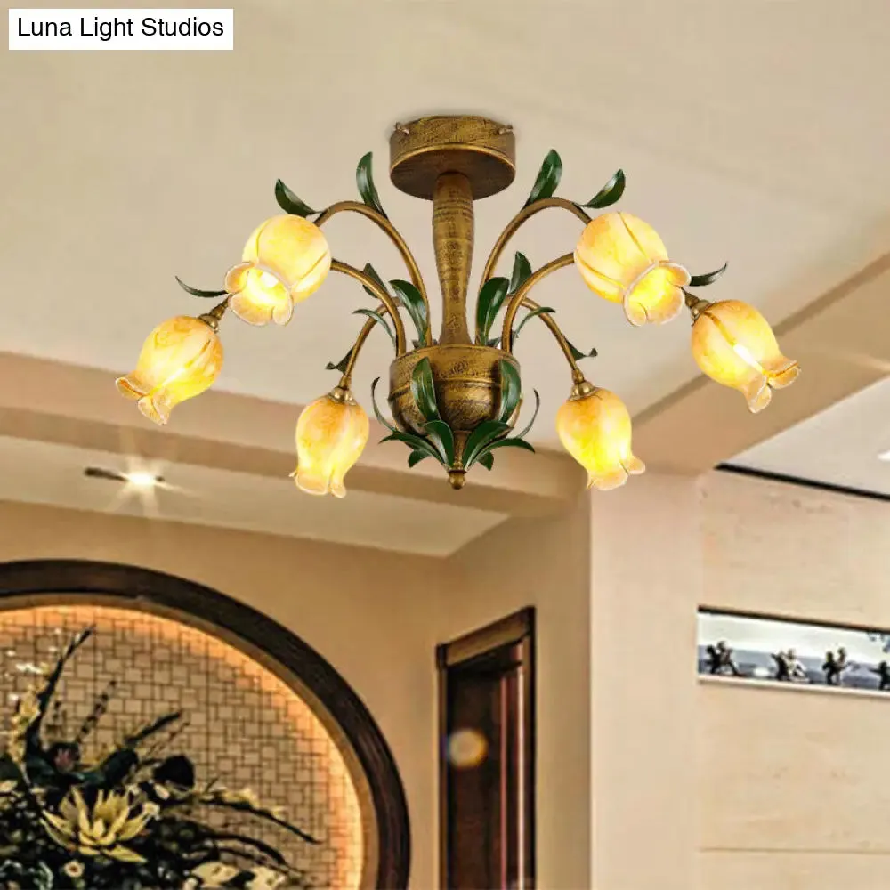 American Garden Metal Tulip LED Semi Flush Ceiling Light Fixture with Brass Finish - Ideal for Living Room (6/8/10-Bulb Option)
