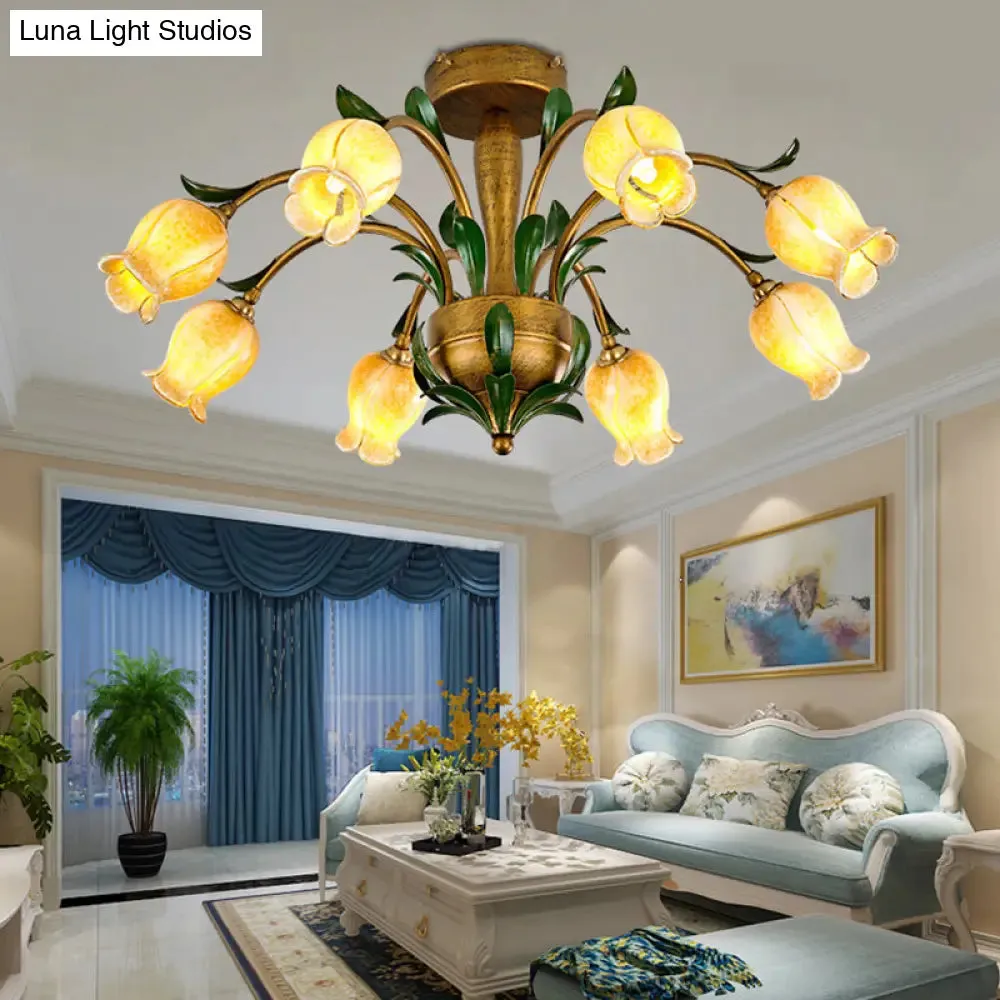 American Garden Metal Tulip LED Semi Flush Ceiling Light Fixture with Brass Finish - Ideal for Living Room (6/8/10-Bulb Option)