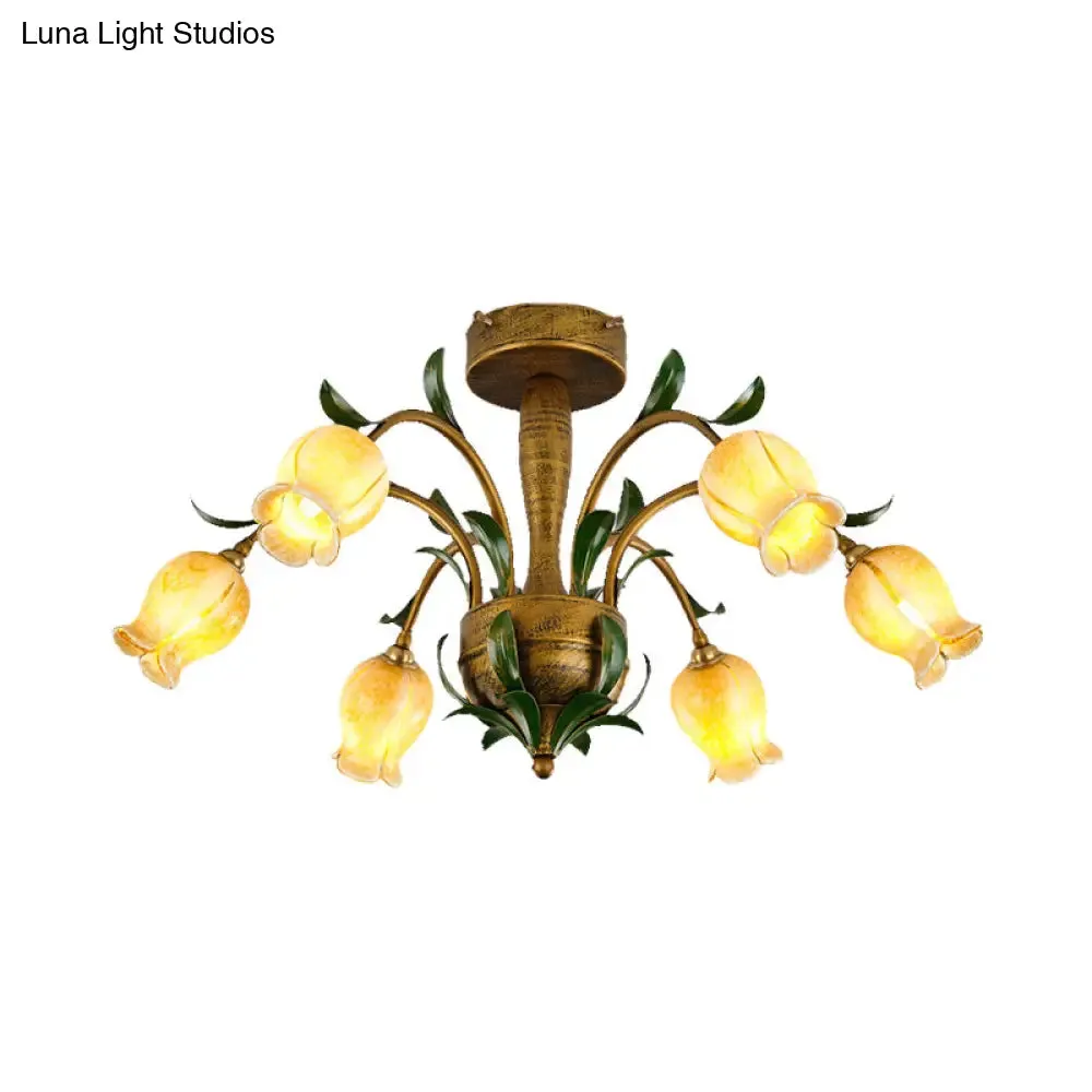 American Garden Metal Tulip LED Semi Flush Ceiling Light Fixture with Brass Finish - Ideal for Living Room (6/8/10-Bulb Option)