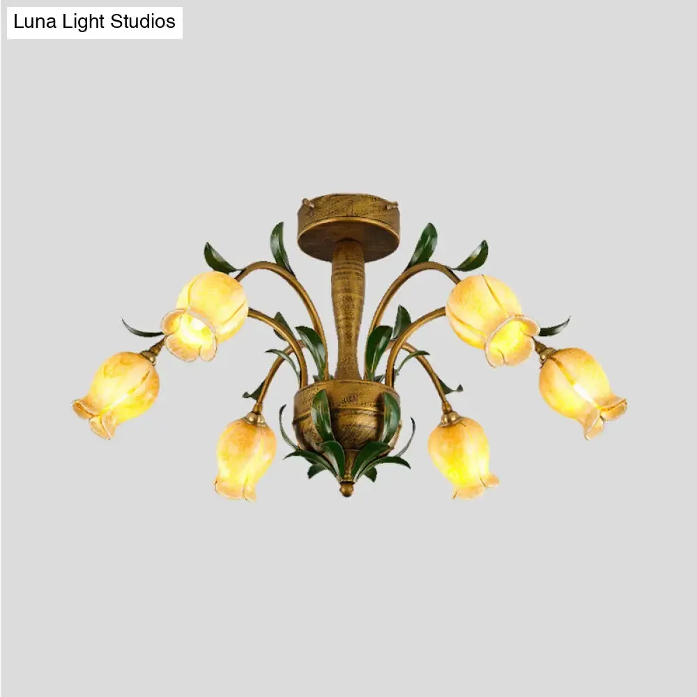 American Garden Metal Tulip LED Semi Flush Ceiling Light Fixture with Brass Finish - Ideal for Living Room (6/8/10-Bulb Option)
