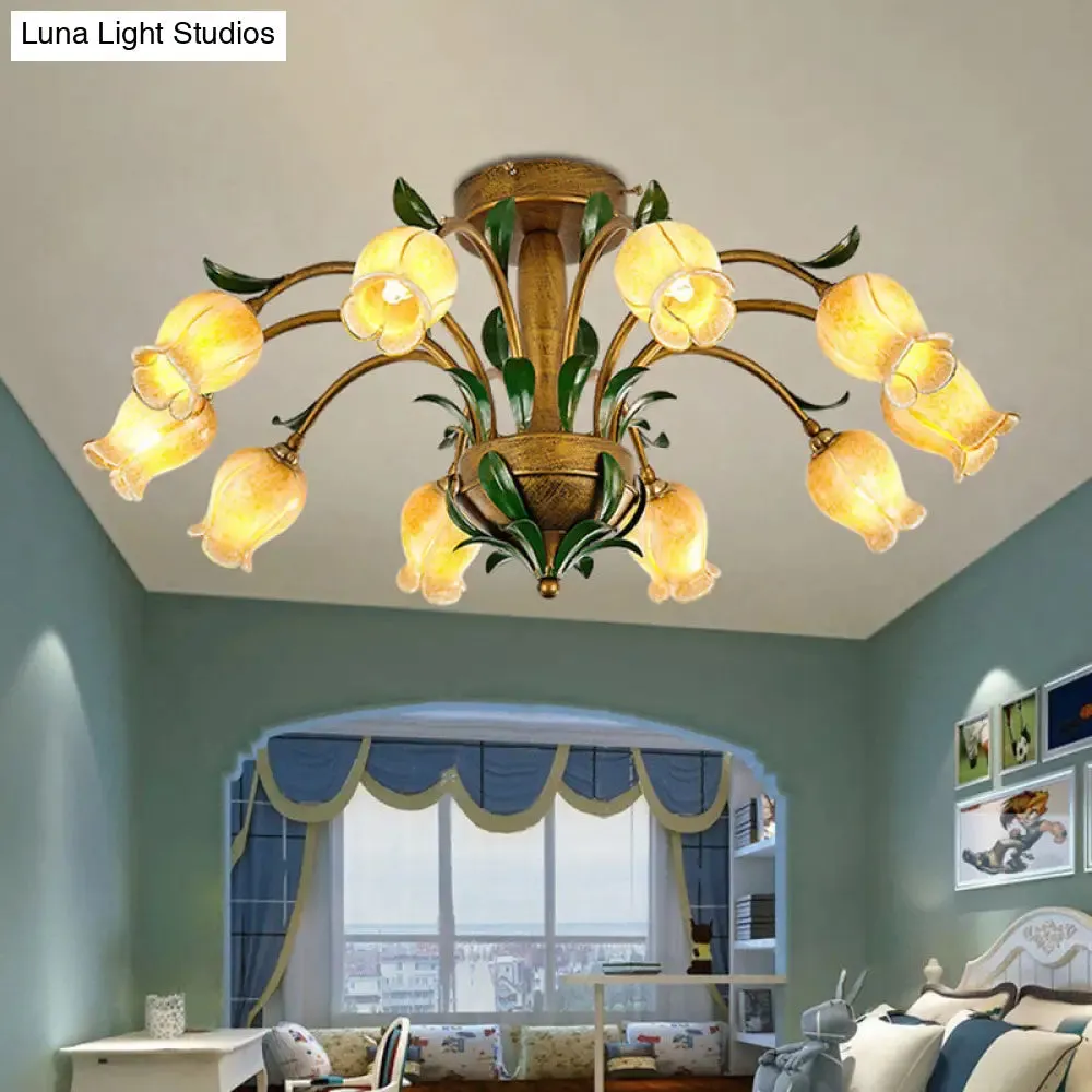 American Garden Metal Tulip LED Semi Flush Ceiling Light Fixture with Brass Finish - Ideal for Living Room (6/8/10-Bulb Option)