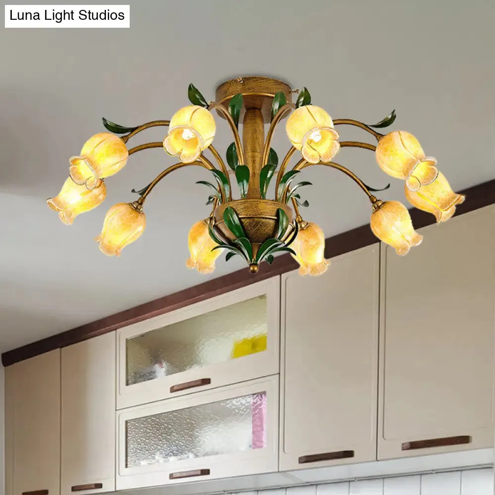 American Garden Metal Tulip LED Semi Flush Ceiling Light Fixture with Brass Finish - Ideal for Living Room (6/8/10-Bulb Option)