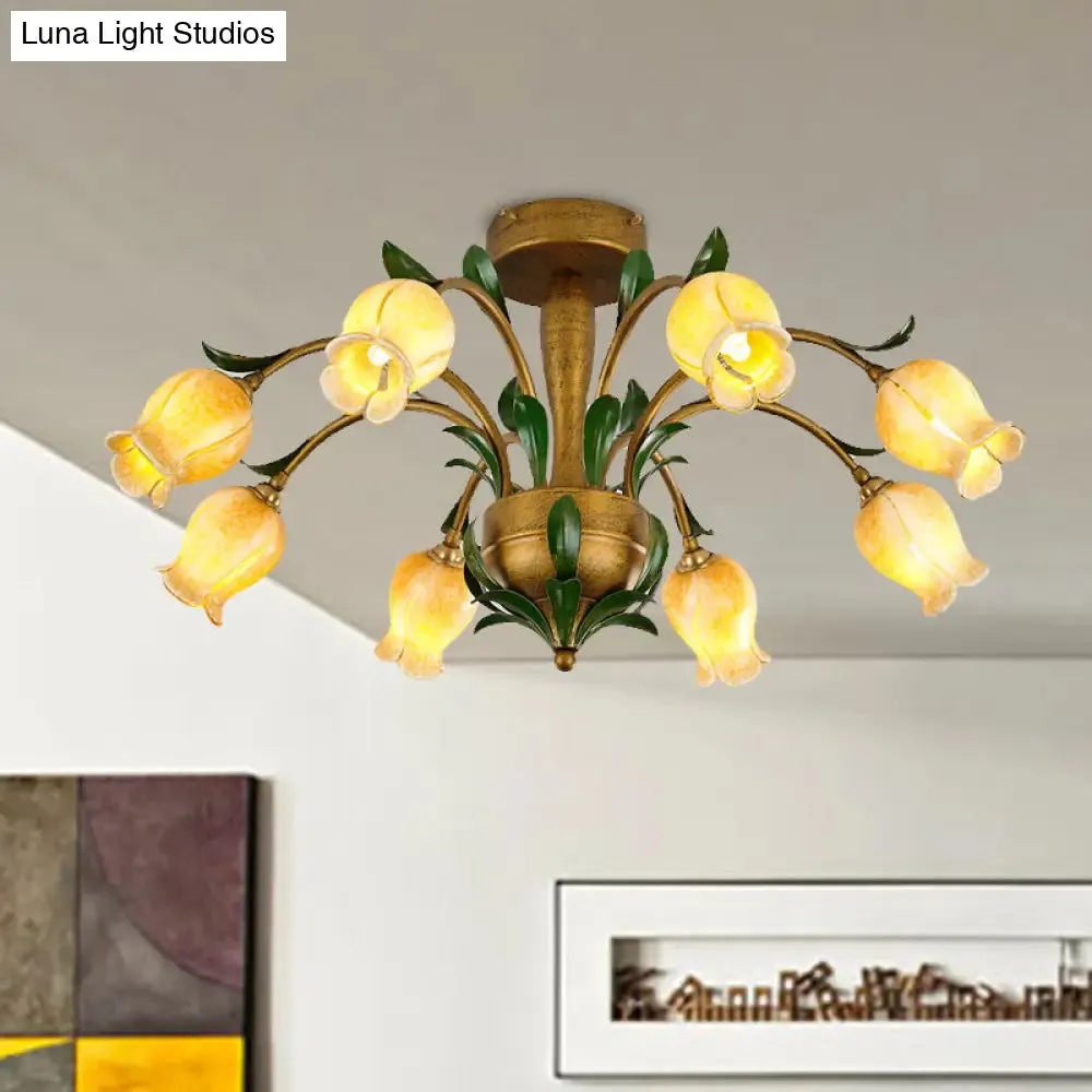 American Garden Metal Tulip LED Semi Flush Ceiling Light Fixture with Brass Finish - Ideal for Living Room (6/8/10-Bulb Option)