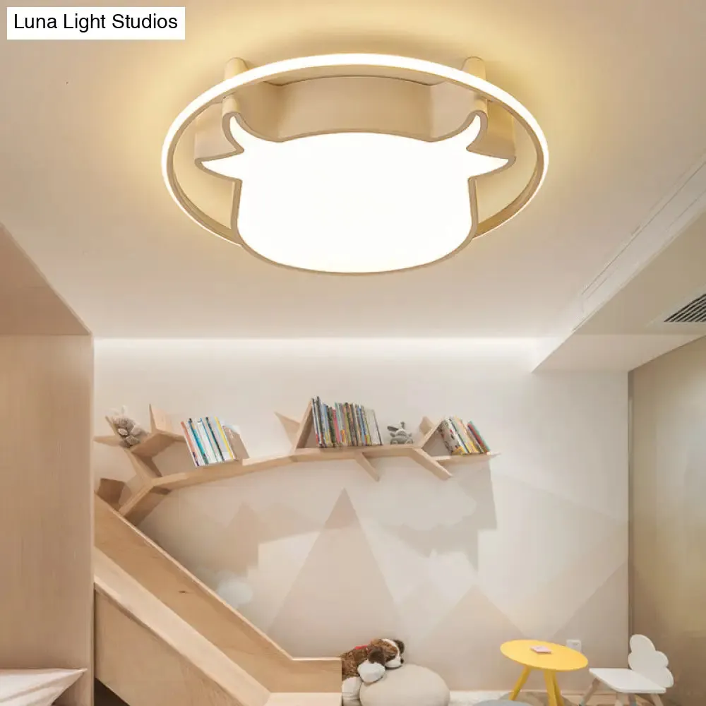 Animal-Inspired Ring Kid's Flush Ceiling Light: Eye-Caring Ox Head Acrylic Lamp