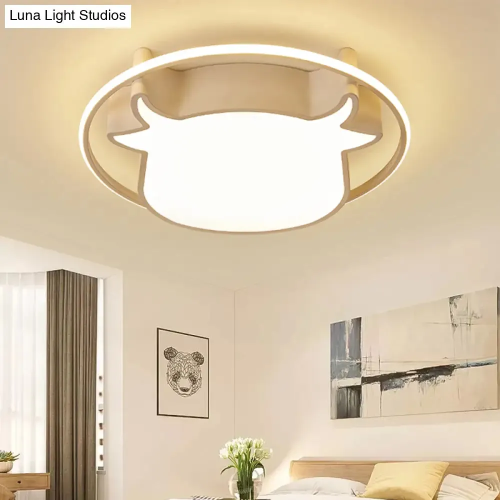Animal-Inspired Ring Kid's Flush Ceiling Light: Eye-Caring Ox Head Acrylic Lamp