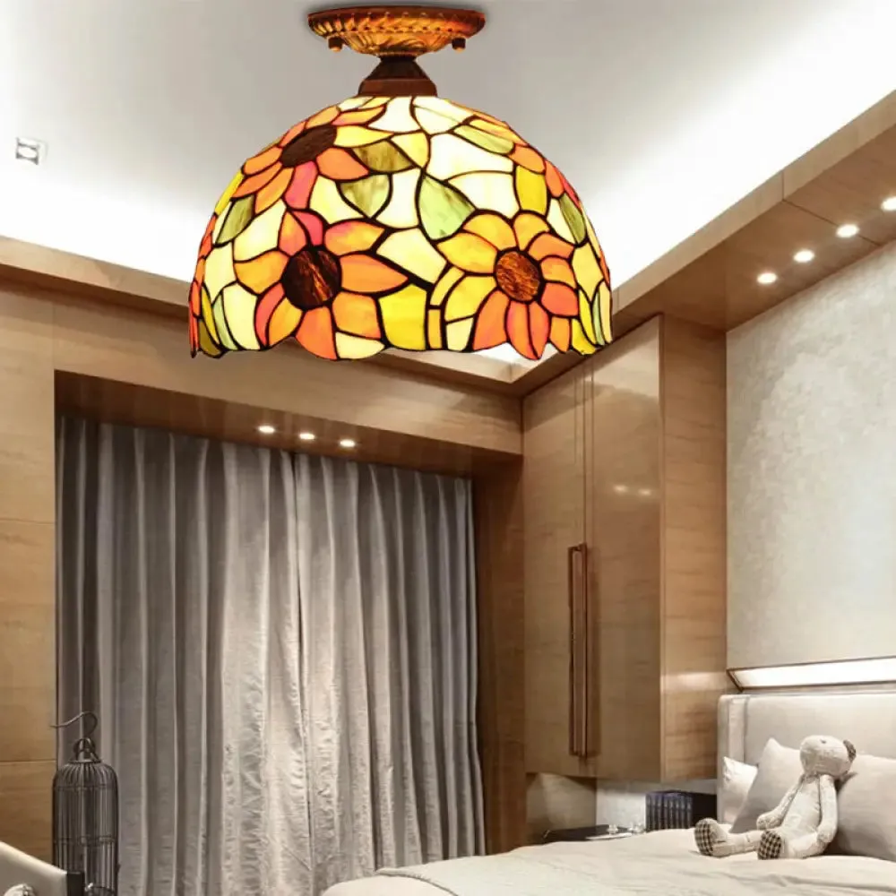 Antique Bronze Tiffany Style Art Glass Semi Flushmount Light with 2 Dome Lights for Corridor