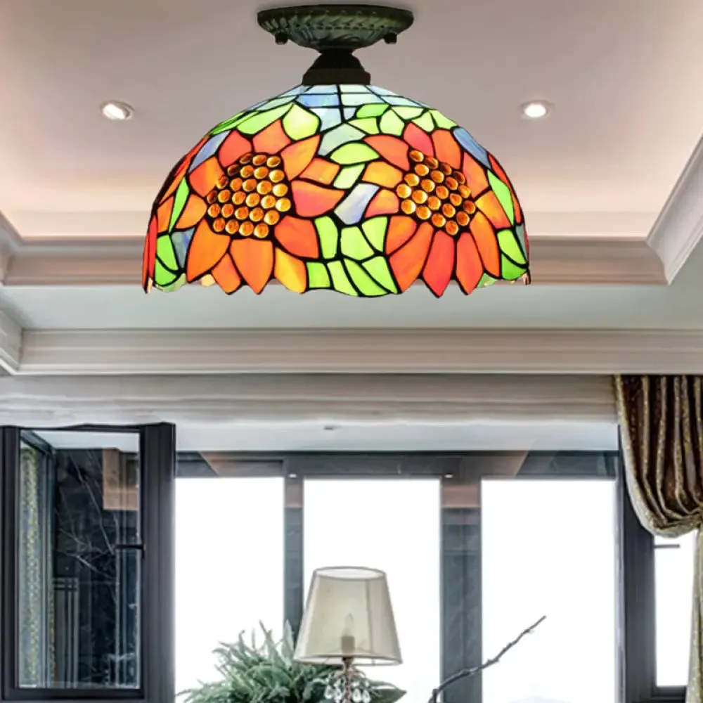 Antique Bronze Tiffany Style Art Glass Semi Flushmount Light with 2 Dome Lights for Corridor
