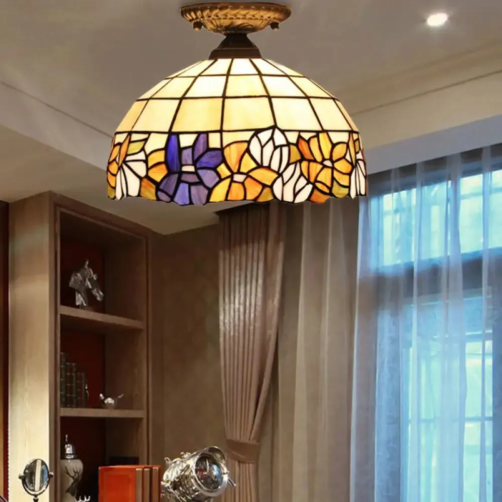 Antique Bronze Tiffany Style Art Glass Semi Flushmount Light with 2 Dome Lights for Corridor