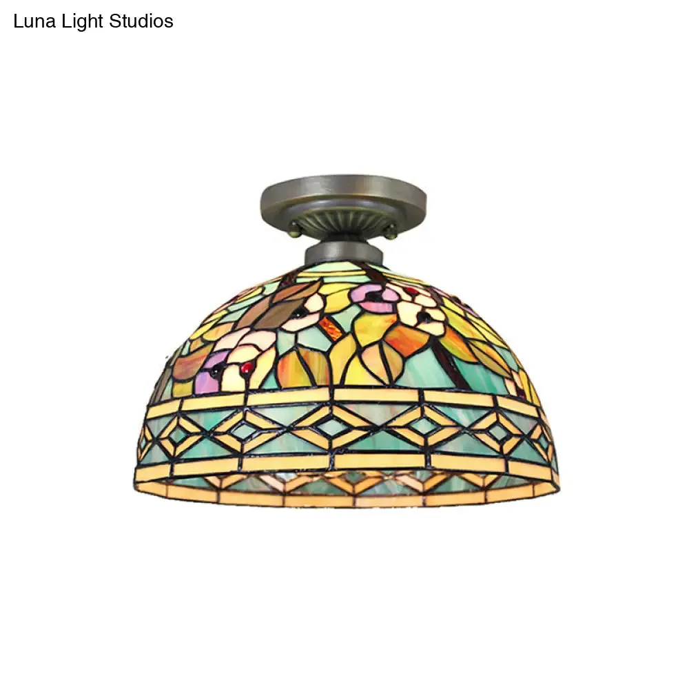 Antique Bronze Tiffany Style Art Glass Semi Flushmount Light with 2 Dome Lights for Corridor
