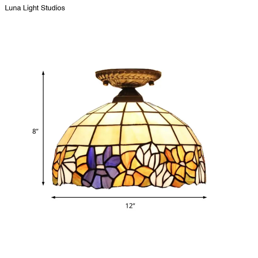 Antique Bronze Tiffany Style Art Glass Semi Flushmount Light with 2 Dome Lights for Corridor