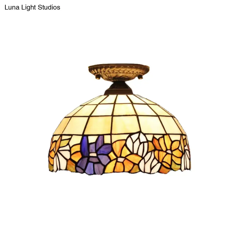 Antique Bronze Tiffany Style Art Glass Semi Flushmount Light with 2 Dome Lights for Corridor