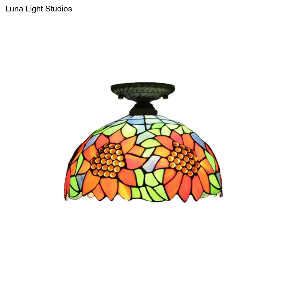 Antique Bronze Tiffany Style Art Glass Semi Flushmount Light with 2 Dome Lights for Corridor