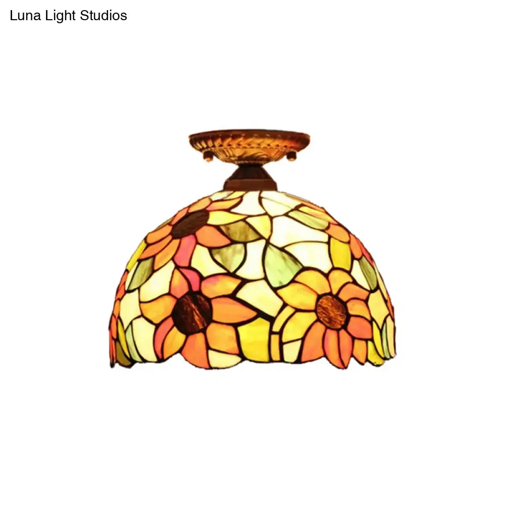 Antique Bronze Tiffany Style Art Glass Semi Flushmount Light with 2 Dome Lights for Corridor