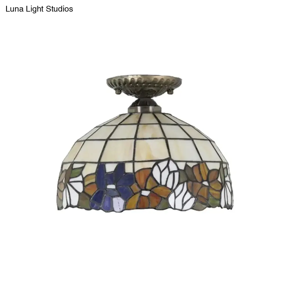 Antique Bronze Tiffany Style Art Glass Semi Flushmount Light with 2 Dome Lights for Corridor