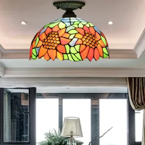 Antique Bronze Tiffany Style Art Glass Semi Flushmount Light with 2 Dome Lights for Corridor