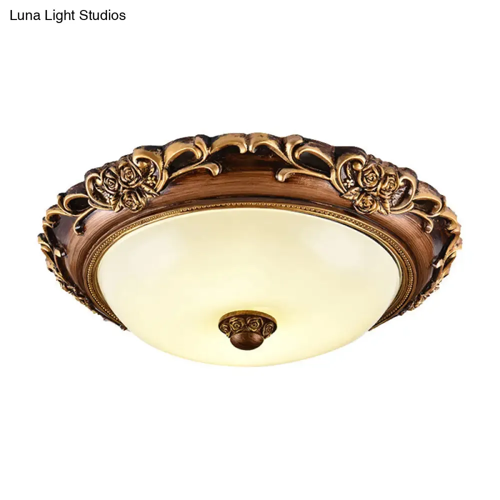 Antique Milk Glass Dome Bedroom Ceiling Light with LED, Flush Mount, Brown, 14"/16"/19.5" Dia
