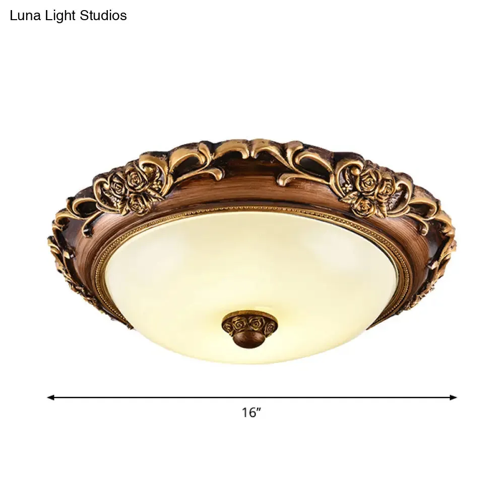 Antique Milk Glass Dome Bedroom Ceiling Light with LED, Flush Mount, Brown, 14"/16"/19.5" Dia
