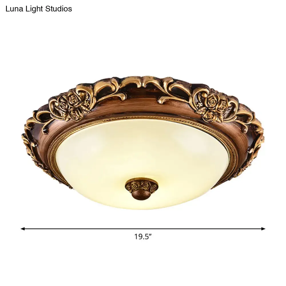 Antique Milk Glass Dome Bedroom Ceiling Light with LED, Flush Mount, Brown, 14"/16"/19.5" Dia