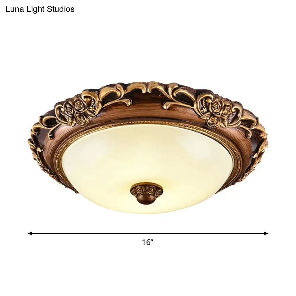 Antique Milk Glass Dome Bedroom Ceiling Light with LED, Flush Mount, Brown, 14"/16"/19.5" Dia