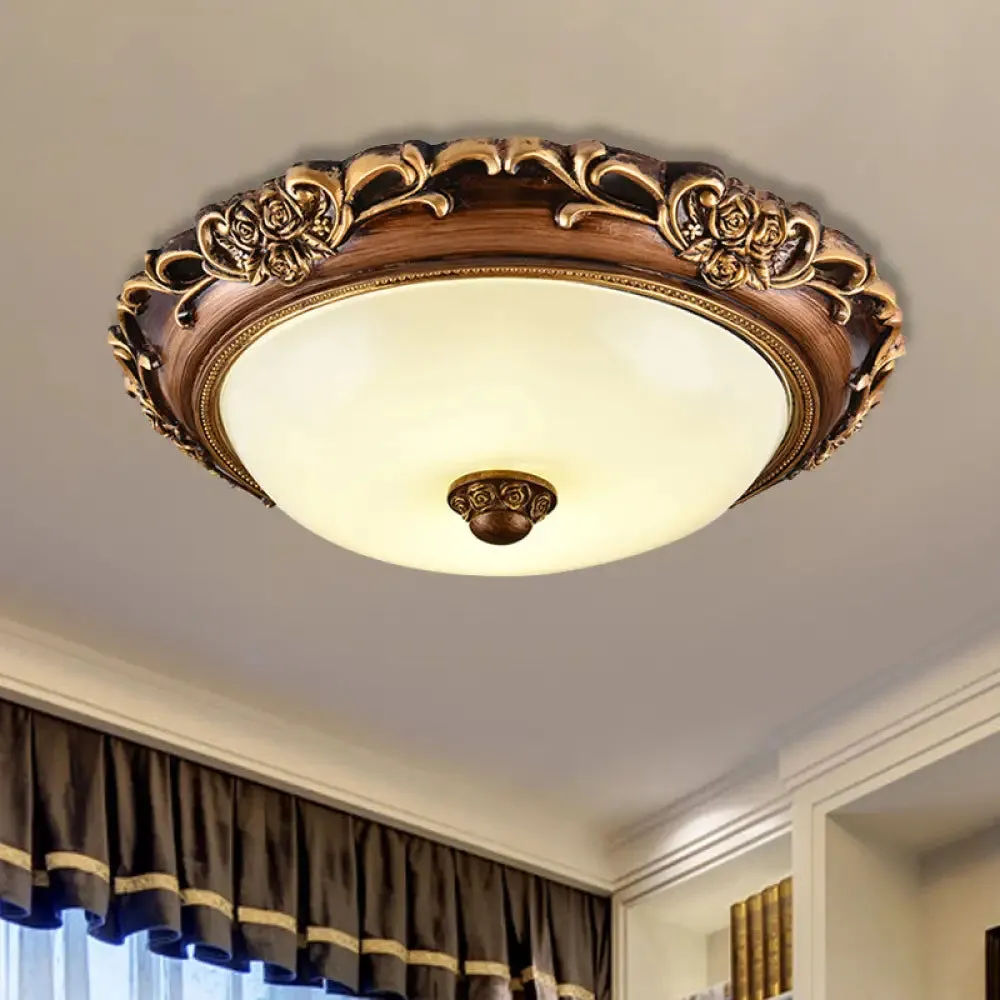 Antique Milk Glass Dome Bedroom Ceiling Light with LED, Flush Mount, Brown, 14"/16"/19.5" Dia