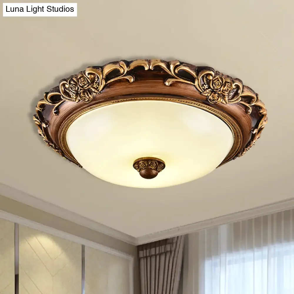 Antique Milk Glass Dome Bedroom Ceiling Light with LED, Flush Mount, Brown, 14"/16"/19.5" Dia