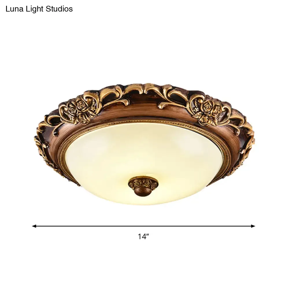 Antique Milk Glass Dome Bedroom Ceiling Light with LED, Flush Mount, Brown, 14"/16"/19.5" Dia