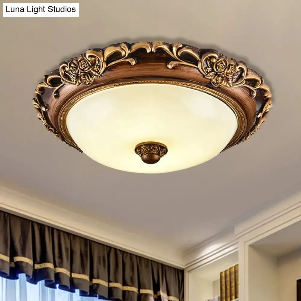 Antique Milk Glass Dome Bedroom Ceiling Light with LED, Flush Mount, Brown, 14"/16"/19.5" Dia