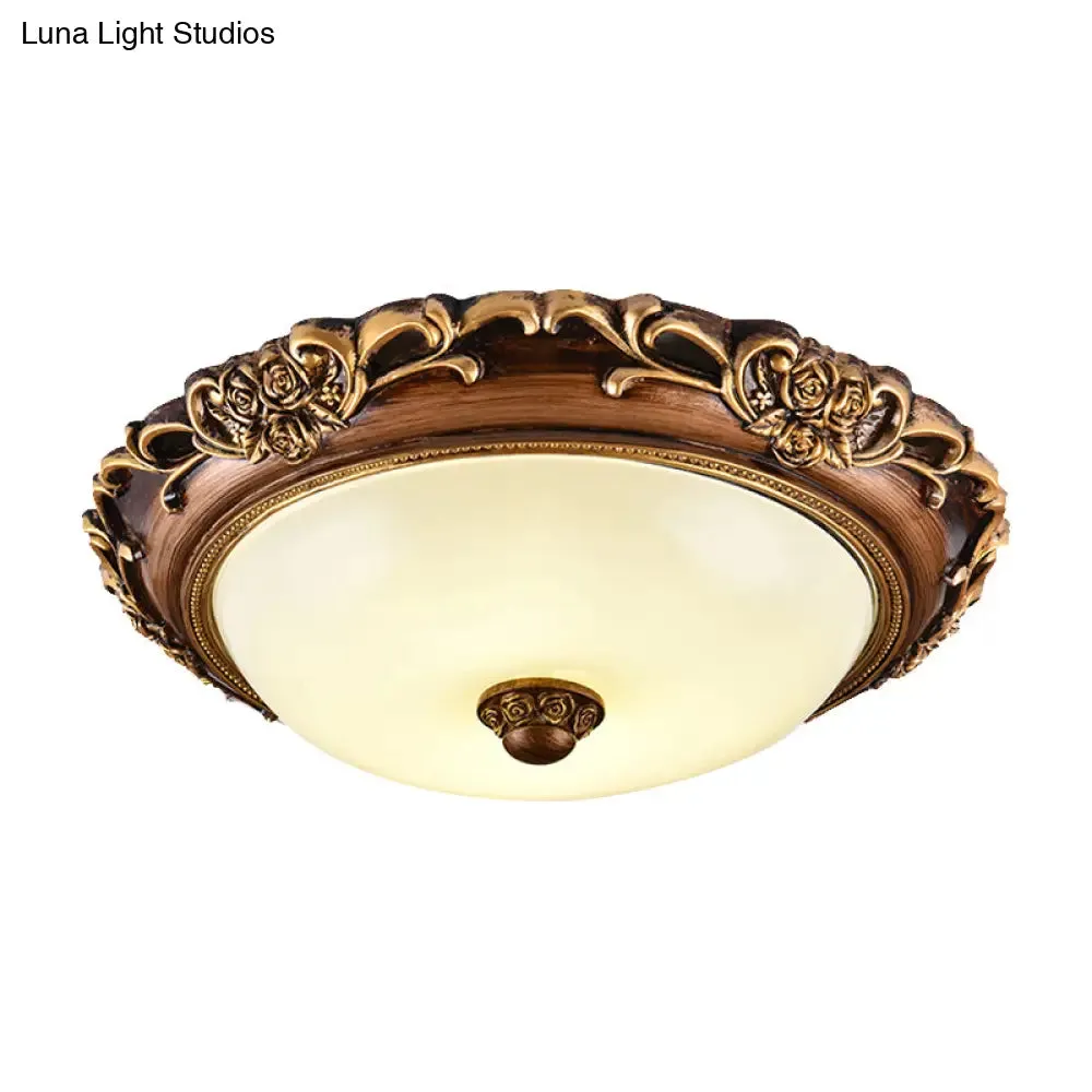 Antique Milk Glass Dome Bedroom Ceiling Light with LED, Flush Mount, Brown, 14"/16"/19.5" Dia