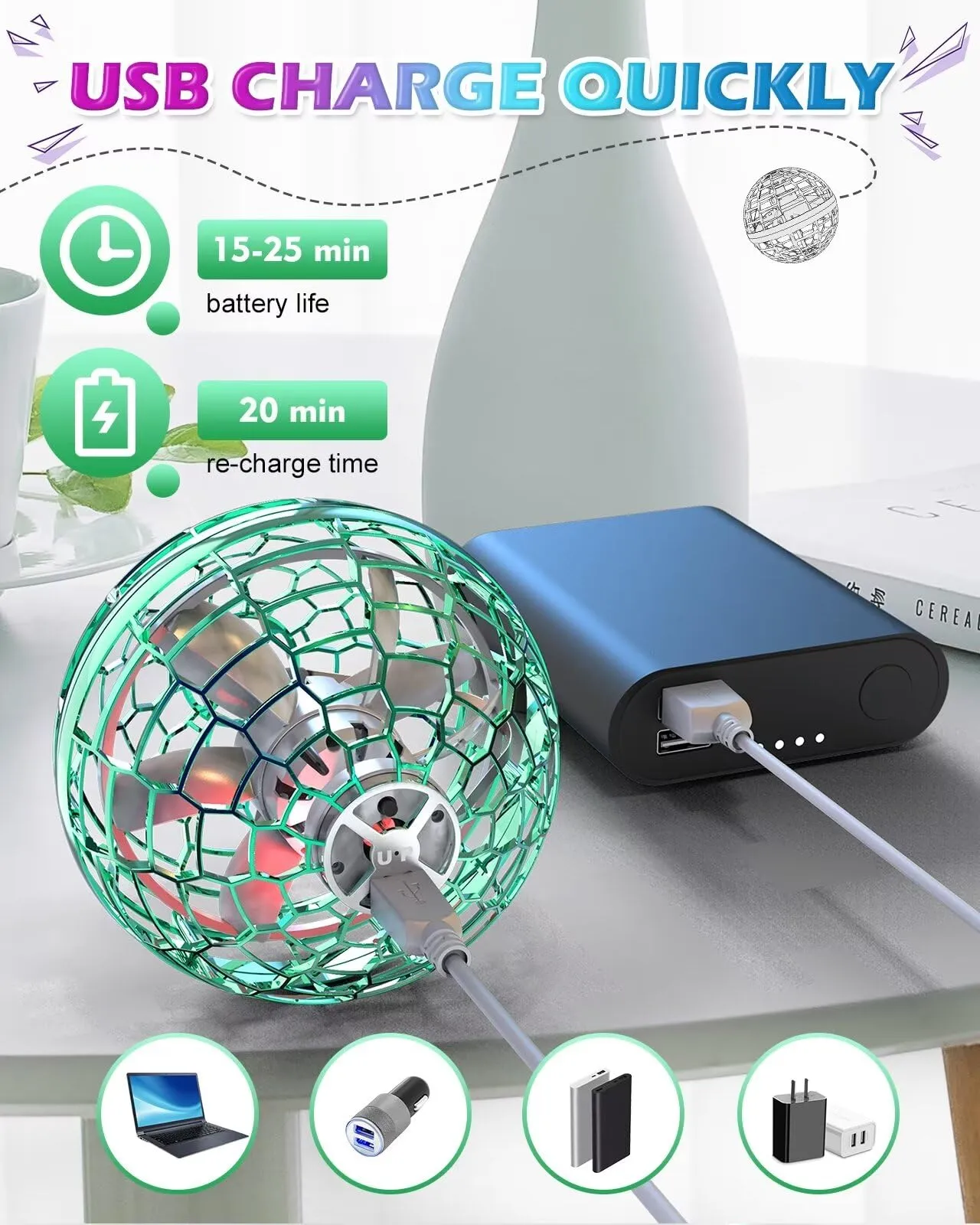 ATHLERIA Green Magic Flying Orb Ball with Lights,Cool Stuff Gadgets Christmas Birthday Presents Ideas for Boy Girl Teen 6 7 8 9 10  Year,Indoor Outside Hover Boomerang Mini Drones