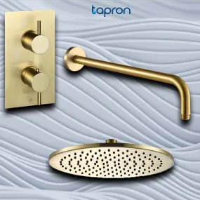 Brushed Brass Thermostatic Shower Set: Concealed Valve & Round 200mm Head