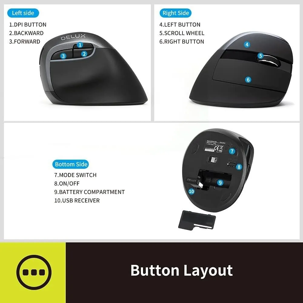 Delux Small Wireless Ergonomic Vertical Mouse - Dual Mode (Grey)