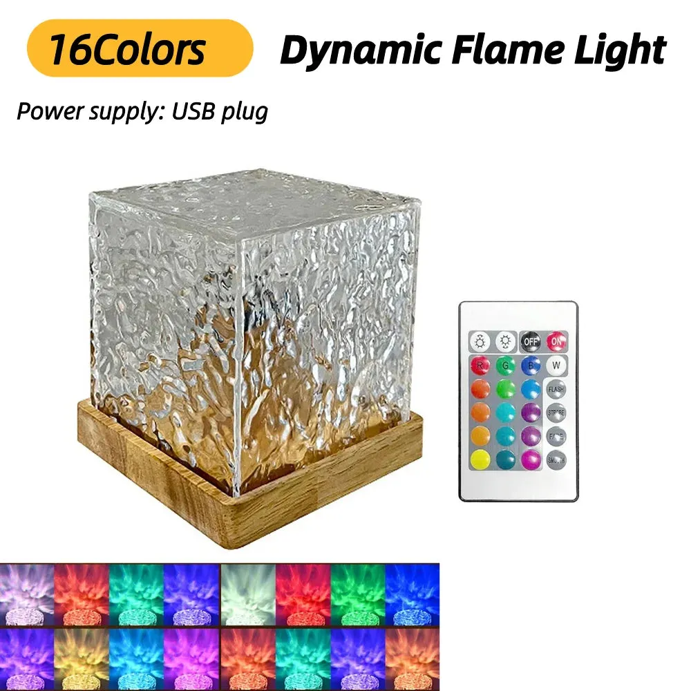 Dynamic Rotating Water Ripple Projector 3/16 Colors Night Light USB Plug Flame Crystal Lamp for Bedside Bedroom Rotating Light
