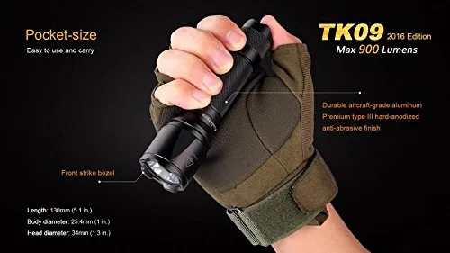 EdisonBright 2016 version Fenix TK09 900 Lumen Cree LED tactical flashlight with Fenix ARB-18-3500 battery, smary Battery charger and Two CR123A Lithium Batteries bundle
