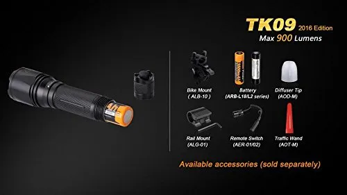 EdisonBright 2016 version Fenix TK09 900 Lumen Cree LED tactical flashlight with Fenix ARB-18-3500 battery, smary Battery charger and Two CR123A Lithium Batteries bundle