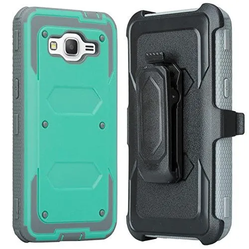 Galaxy On5 Case, 3-in-1 Shockproof Armor [Built in Screen Protector] Heavy Duty Holster Shell Combo Case for Samsung Galaxy On5 - Teal/Grey